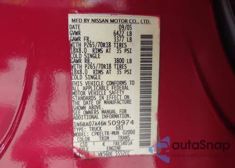 2006 Nissan Titan Se from USA, damaged, VIN 1N6BA07A46N509974